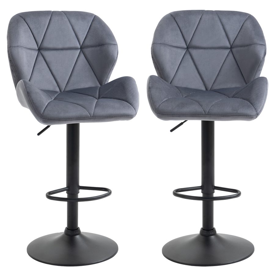 HOMCOM Set 2 Barhocker mit höhenverstellbarer Metallbasis, Samt Sitz, Drehbare Barhocker mit Rückenlehne und Fußstütze, 51,5x57,5x93-114,5cm, Grau   Aosom von HOMCOM