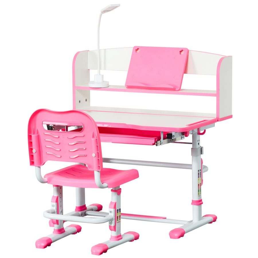 HOMCOM Set Schreibtisch und Stuhl für Kinder 6-12 Jahre höhenverstellbar, Kinderschreibtisch mit 45° neigbarer Platte, Lampe, Schublade, Regal, Stifthalter und Lesegestell, aus Stahl und MDF, Rosa   Aosom von HOMCOM