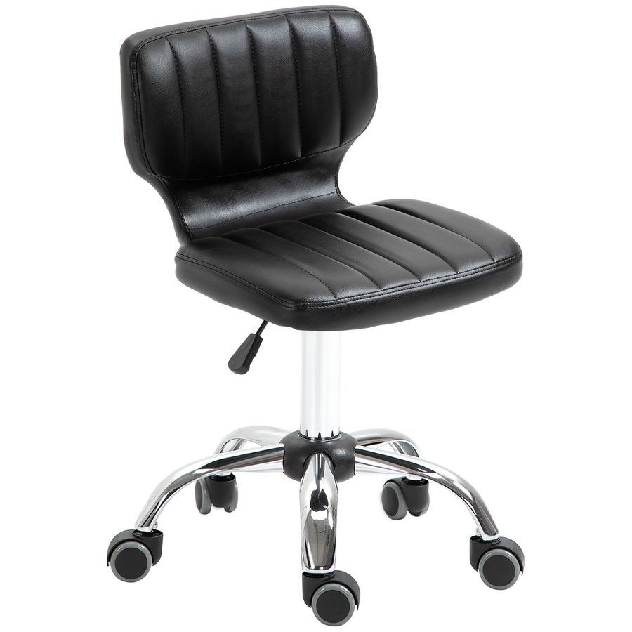 HOMCOM Drehbarer Rollhocker - Drehhocker für Arbeit - Ergonomischer Hocker - Höhenverstellbarer Sitz 47-62 cm - Gepolstertes PU-Synthetikleder in Schwarz verchromtes Metall   Aosom von HOMCOM