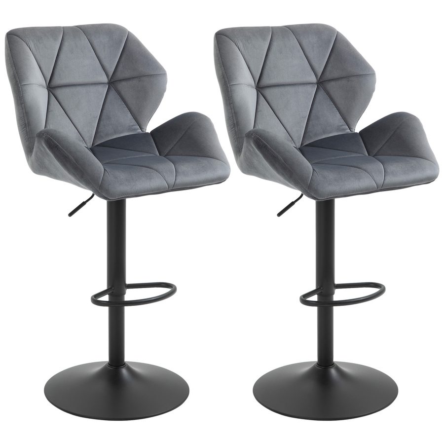 HOMCOM Barhocker 2er Set, Gepolstert Barstuhl mit Metallgestell, Lehne, Samtoptik, Höhenverstellbar Küchenstühle mit Fußstütze 360° Drehbar Tresenhocker für Küche, Wohnzimmer, Esszimmer Grau   Aosom von HOMCOM