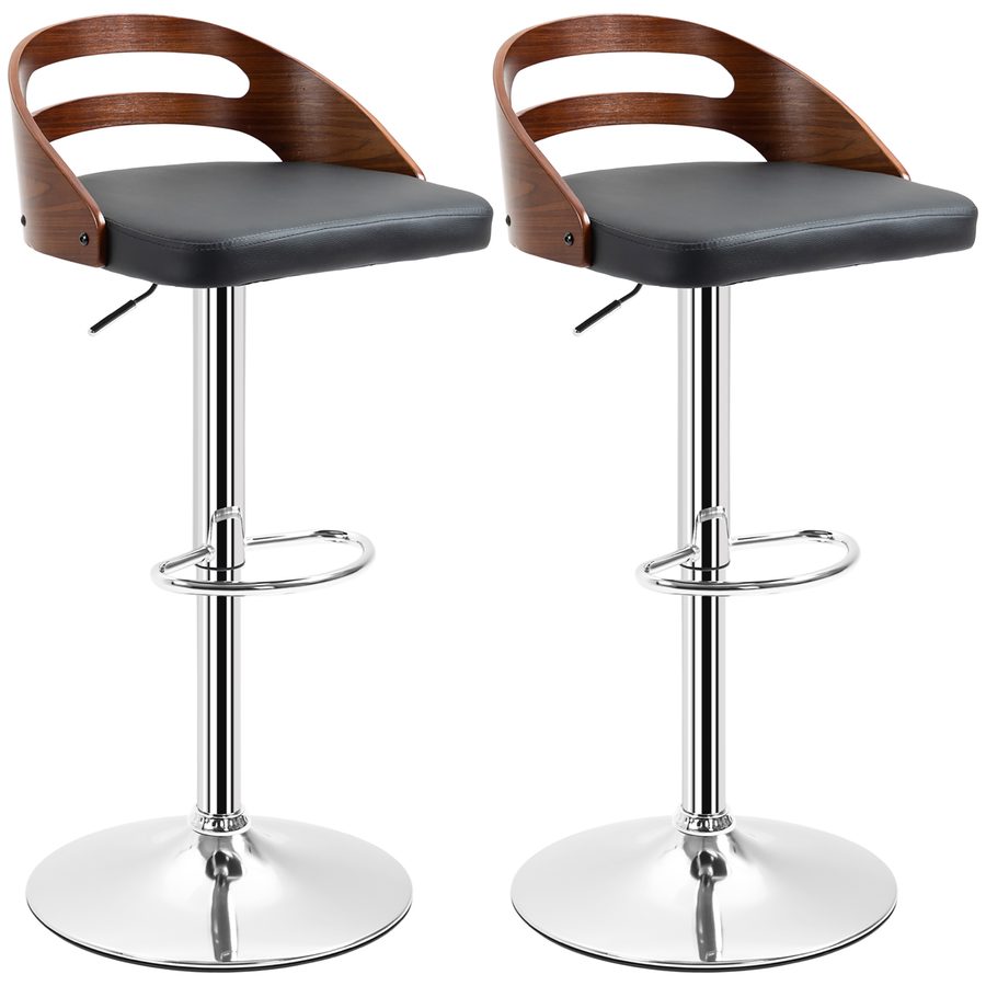 HOMCOM Set mit 2 zeitgenössischen Design-Barhockern Höhenverstellbar 360° drehbar synthetisches Leder Schwarz Rückenlehne mit Holzoptik   Aosom von HOMCOM