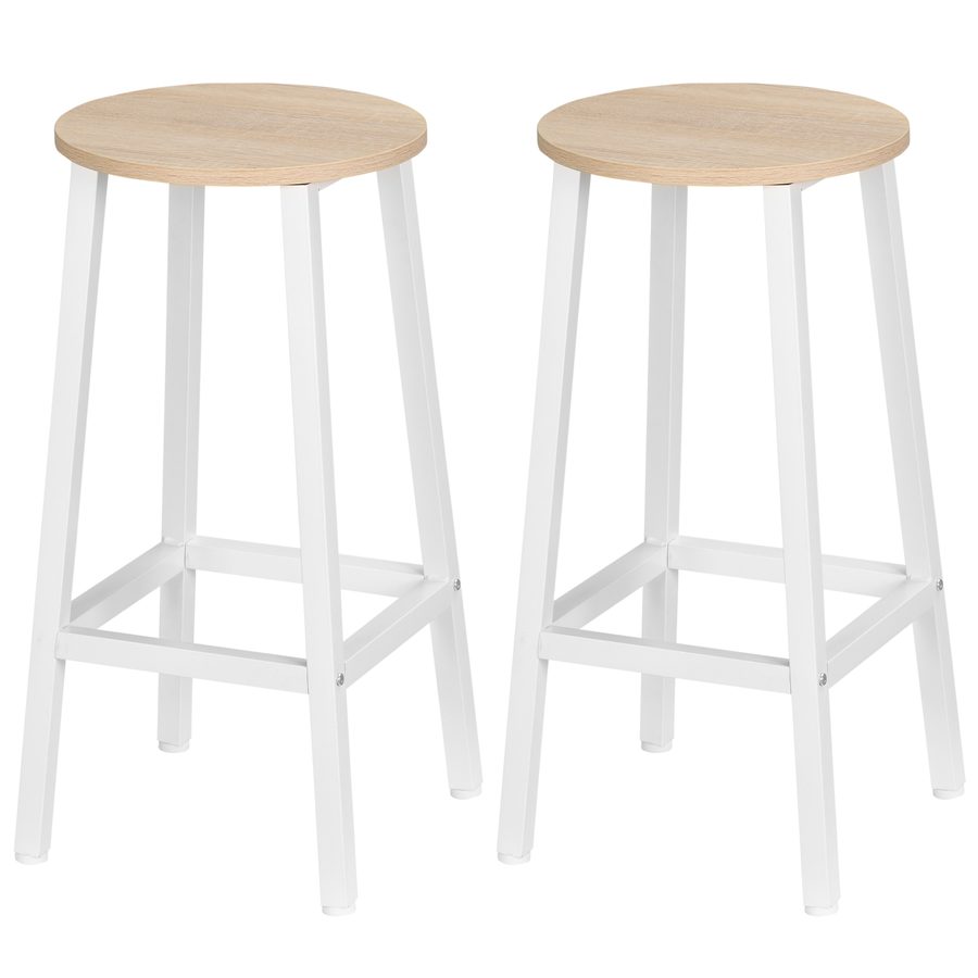 HOMCOM Set mit 2 Barhockern, Barhocker, hohe Küchenhocker 65H cm mit Fußstütze, Stahlgestell, Weiß und Naturholz   Aosom von HOMCOM