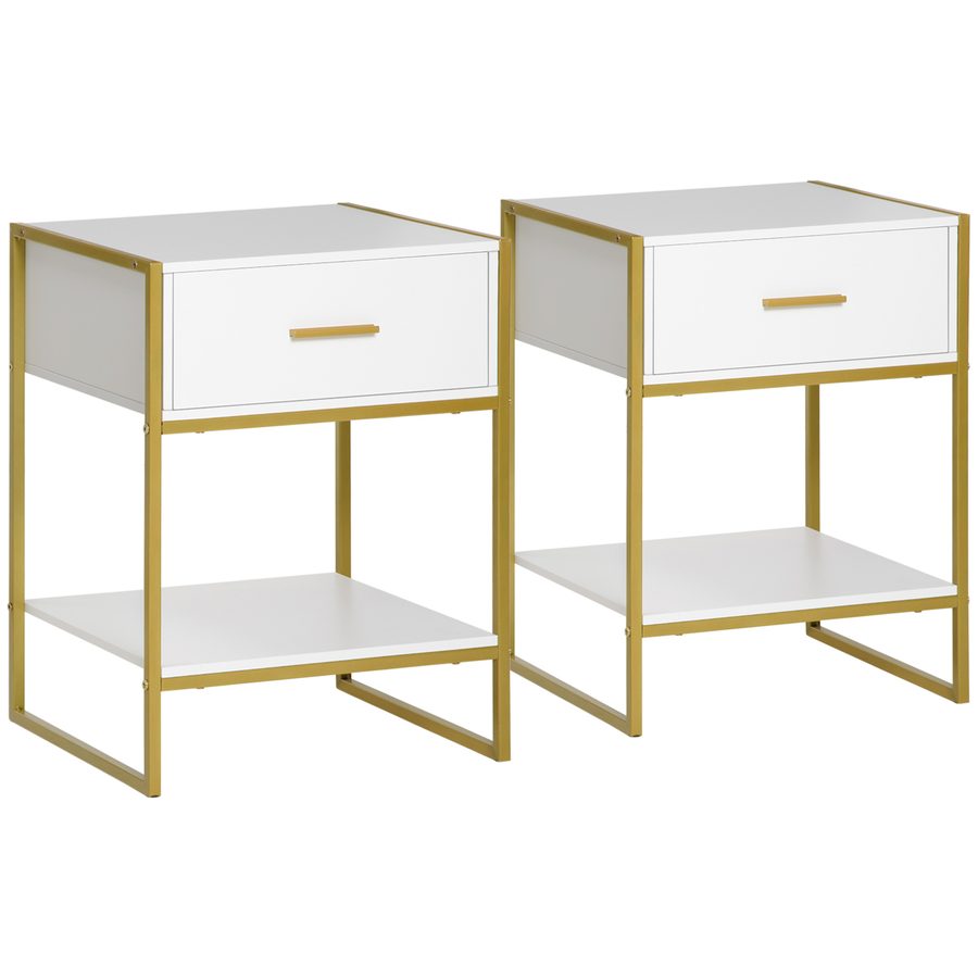 HOMCOM Nachttisch, 2er Set, Nachtschrank mit Schublade und offenem Regal, Nachtkommode, Beistelltisch aus Stahlrahmen für Schlafzimmer, Wohnzimmer, Weiß+Gold, 45 x 40 x 60 cm   Aosom von HOMCOM