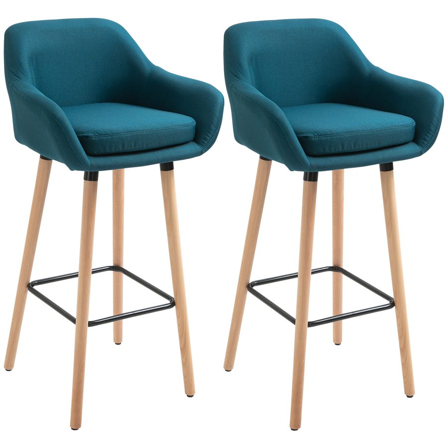 HOMCOM Skandinavische Designer Barhocker - Set mit 2 Barhockern Grand Confort mit Fußstützen und Armlehnen - Massivholz Leinen blau   Aosom von HOMCOM