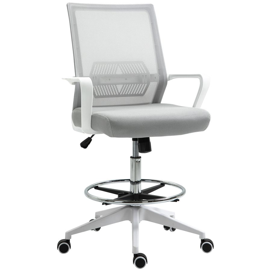 Vinsetto Bürostuhl Höhenverstellbarer Bürostuhl 64L x 59B x 104-124H cm drehbarer Bürohocker 360° atmungsaktives Netzgewebe Grau und Weiß   Aosom von Vinsetto