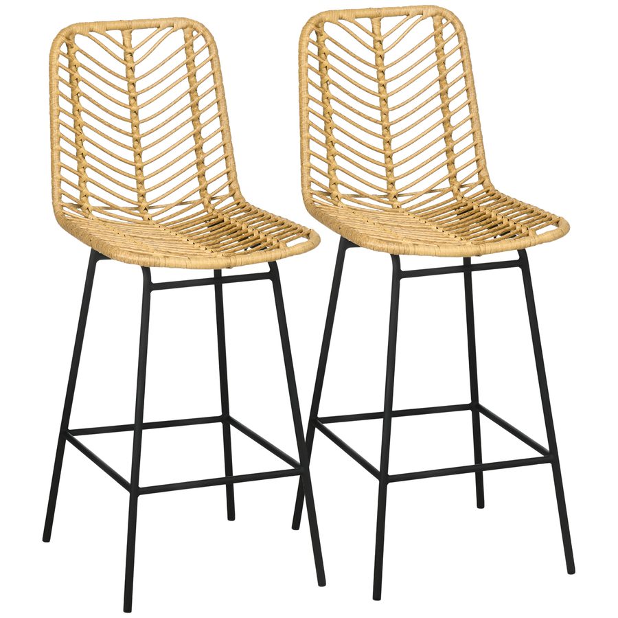 HOMCOM 2er Set Barhocker mit Lehne Barstühle im Boho-Design, PE-Rattan, inkl. Fußtstütze, 42,5 cm x 52 cm x 102 cm, Gelb + Schwarz   Aosom.de von HOMCOM