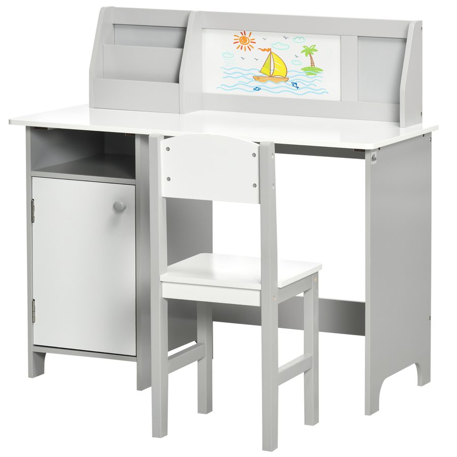 HOMCOM Kinder-Schreibtisch-Set mit Whiteboard - Schreibtisch für Kinder +5 Jahre 90L x 45B x 85H cm Grau   Aosom von HOMCOM