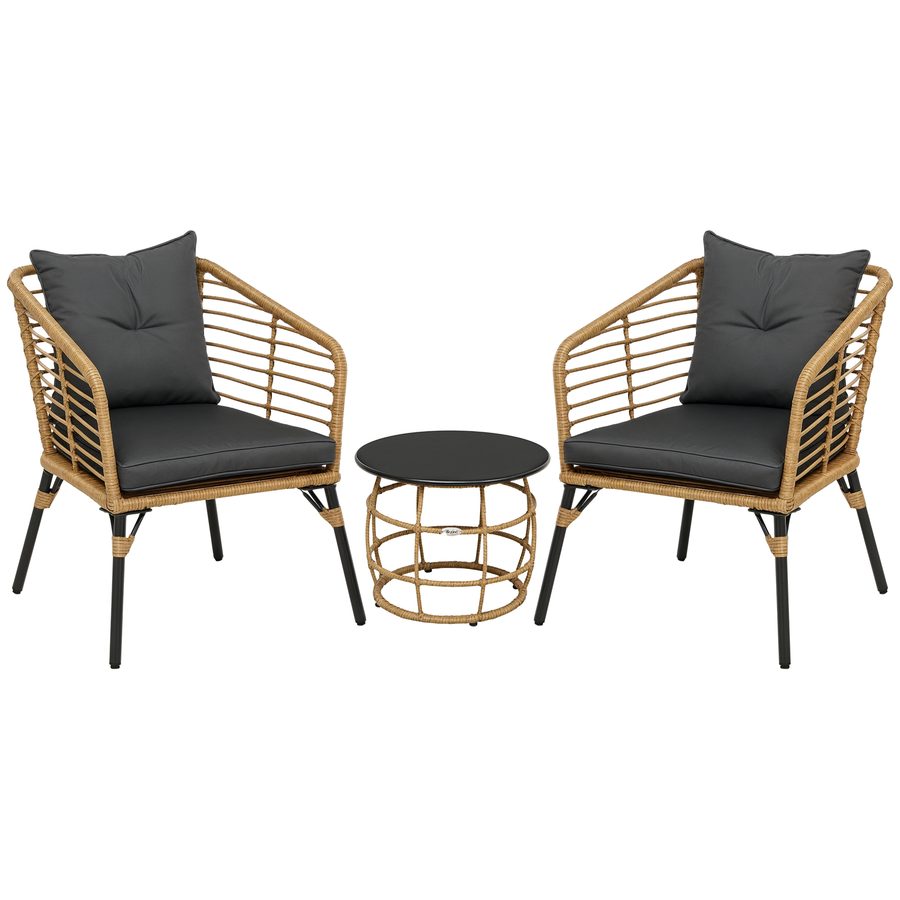 Outsunny Rattan Gartenmöbel-Set, 3-TLG. Sitzgruppe, inkl. Couchtisch und 2 Stühle, Bistro-Set mit Kissen, Balkonmöbel, Sand+Dunkelgrau   Aosom von Outsunny
