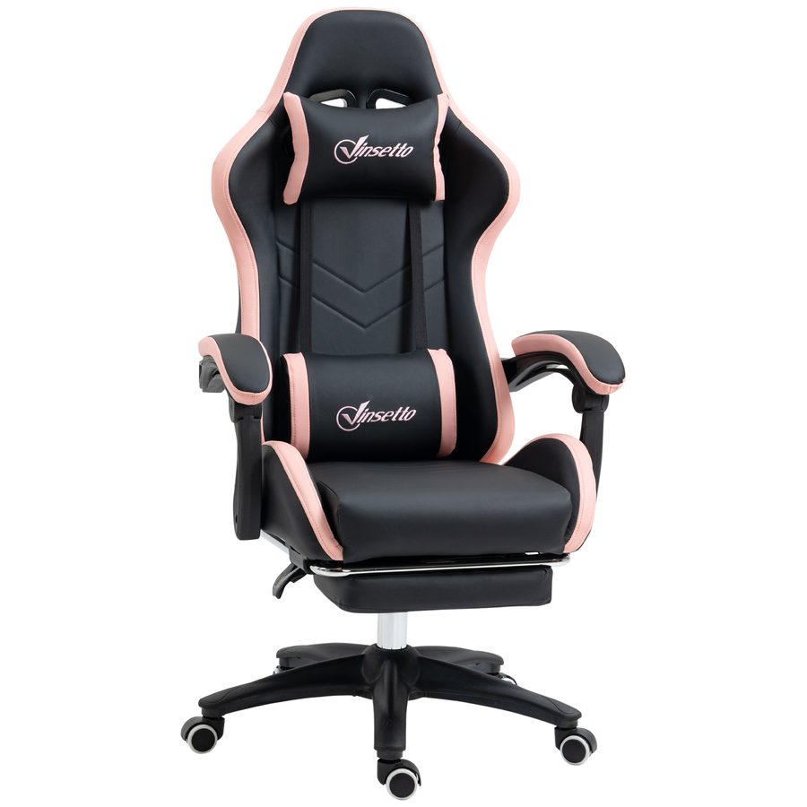 Vinsetto Gaming Stuhl Bürostuhl Computerstuhl mit Lendenkissen, Kopfstütze, Gaming Sessel, höhenverstellbarer Schreibtischstuhl mit Fußstütze, Kunstleder, Schwarz+Rosa   Aosom von Vinsetto