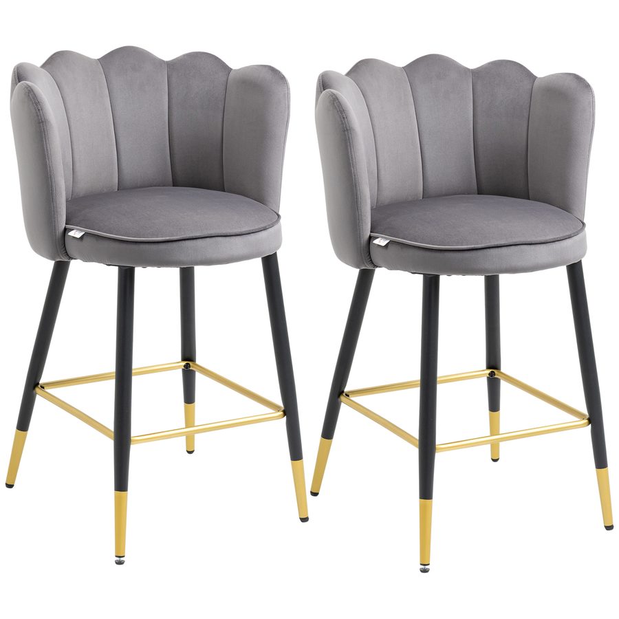 HOMCOM Set mit 2 Samt Barhockern mit Fußstütze und Stahlbasis, 59x52x90cm, Grau   Aosom von HOMCOM