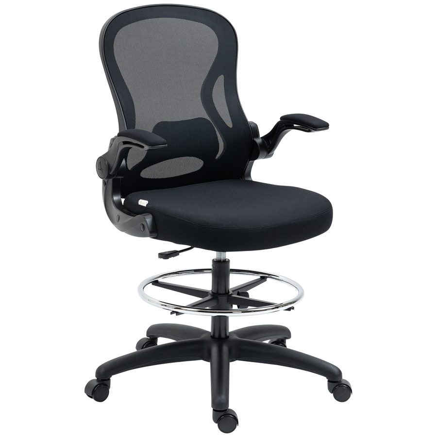 Vinsetto Bürostuhl, Ergonomischer Zeichenstuhl mit verstellbarem Fußring, Drehstuhl, 102-122 cm Höhenverstellbarer Arbeitsstuhl mit Rollen und Lendenwirbelstütze, Schwarz   Aosom von Vinsetto