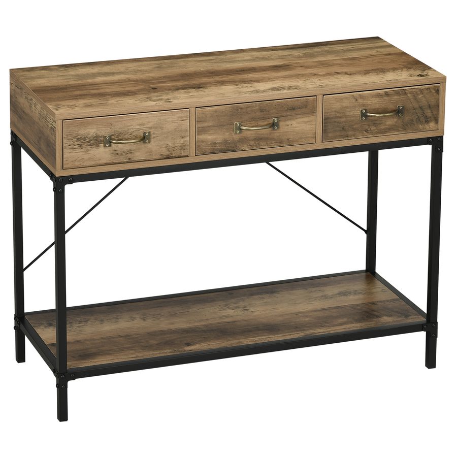 HOMCOM Konsolentisch, Eingangstisch, Couchtisch, Rahmen aus Kohlenstoffstahl, einfacher Aufbau, mit 3 Schubladen und 1 Tischplatte mit Holzoptik, industrielles Design, 100 x 35 x 76,5 cm, Hellbraun   Aosom von HOMCOM