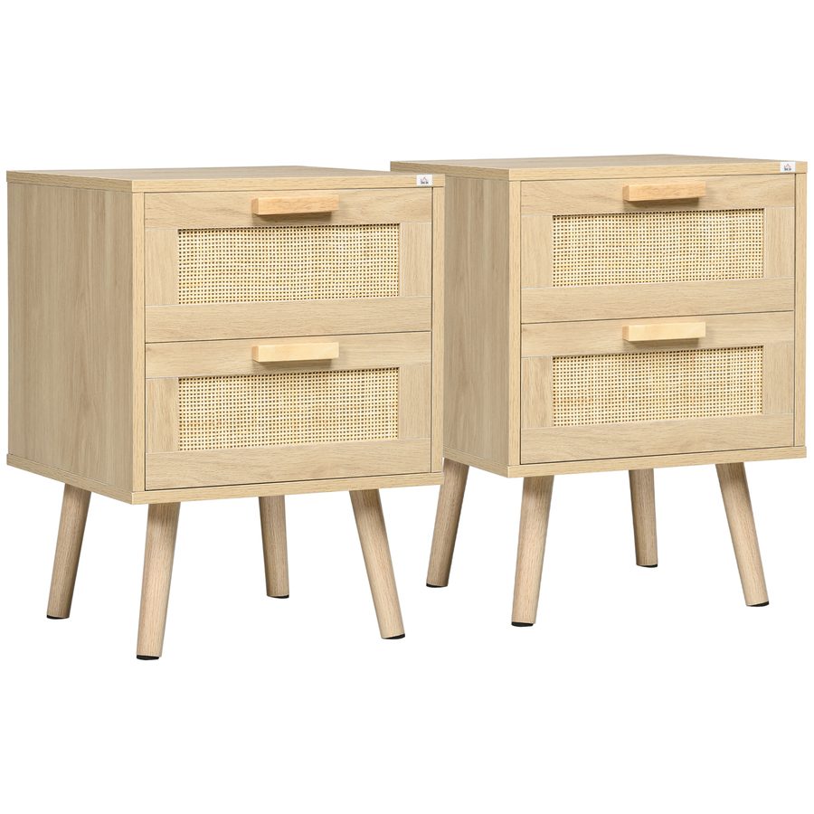 HOMCOM 2er Set Nachttisch, Nachtschrank mit Schublade, Nachtkommode mit Griff, Rattanoptik, Beistelltisch für Schlafzimmer, Wohnzimmer, Natur, 40 x 40 x 56 cm   Aosom von HOMCOM