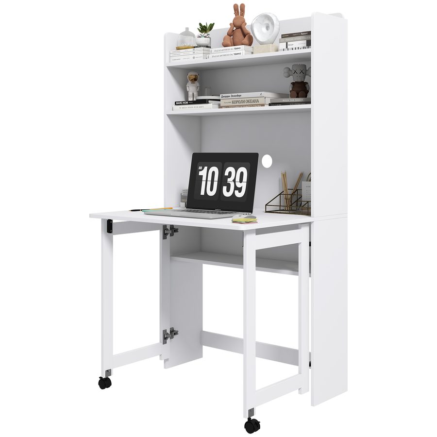 HOMCOM Computertisch mit Stauräumen, klappbarer Platte und 2 Rollen für Schlafzimmer, Wohnzimmer und Haus, 80 x 69 x 153 cm, Weiß   Aosom von HOMCOM