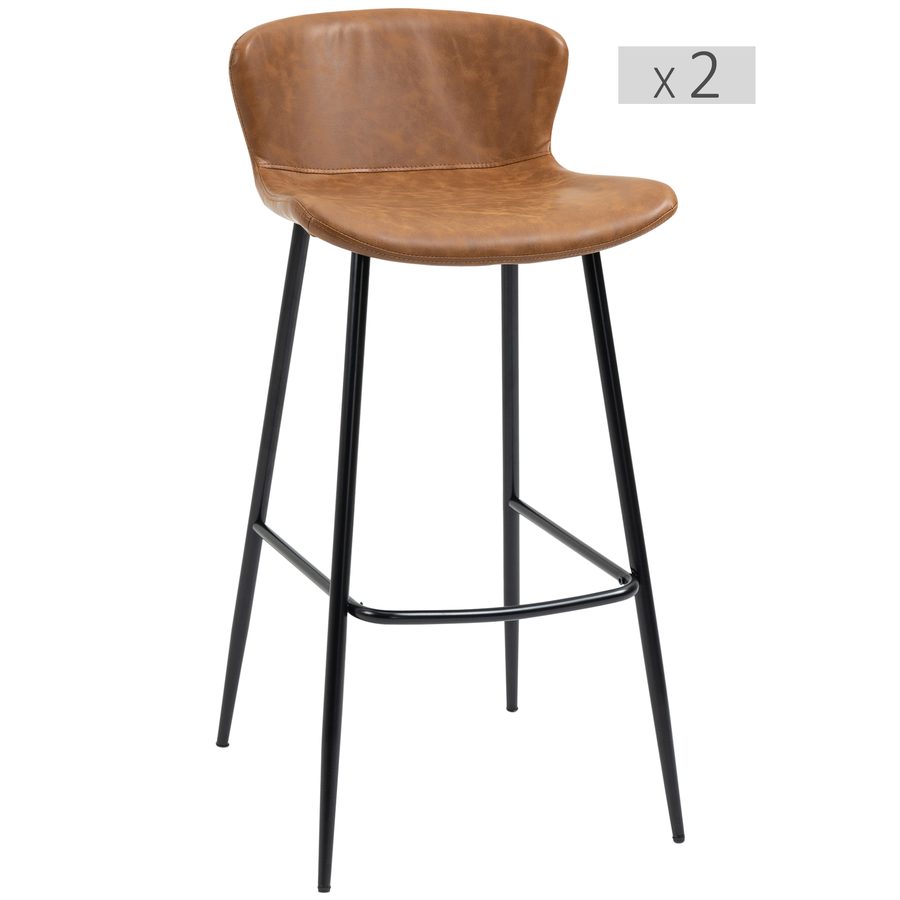 HOMCOM Set aus 2 Barhockern mit Sitzfläche aus Kunstleder, 76 cm Höhe mit Fußstütze aus Stahl und Vintage-Design-Rückenlehne - Braun   Aosom von HOMCOM