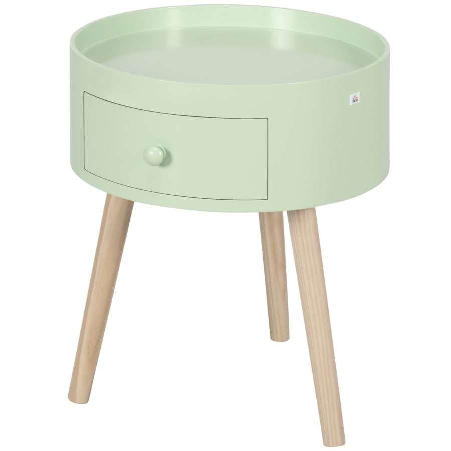 HOMCOM Couchtisch - Nachttisch - runder Nachttisch - skandinavisches Design Beistelltisch mit Schublade, schrägen konischen Beinen aus massivem Holz in Grün   Aosom von HOMCOM