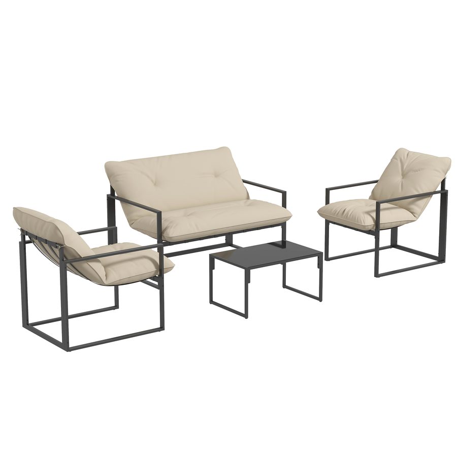 Outsunny Gartenmöbel-Set 4 Personen mit 2-Sitzer-Sofa, 2 Sesseln und 1 Couchtisch 3 Kissen für Terrasse Garten - schwarzer Stahl, graues Polyester   Aosom von Outsunny