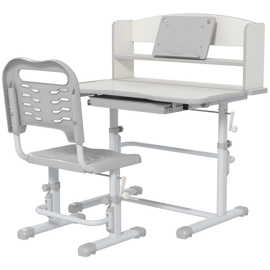 ZONEKIZ Kinder-Schreibtisch mit Stuhl aus Stahl - Kinder-Schreibtisch- und Stuhlset mit Höhenverstellung - Regal, ausziehbare Ablage mit vielfältiger Aufbewahrung, neigbarer Schreibtisch 45° - Grau-Weiß   Aosom von ZONEKIZ
