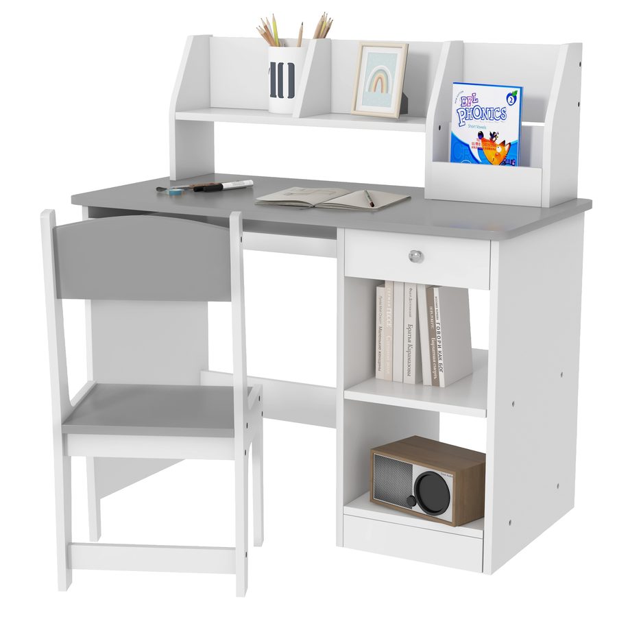 ZONEKIZ Kinderschreibtisch mit ergonomischem Stuhl, Kindertisch mit 2 Schubladen, offenen Regalen und Nischen, Tisch zum Lernen, Arbeiten und Schreiben, 90 x 45 x 90 cm, grau   Aosom von ZONEKIZ