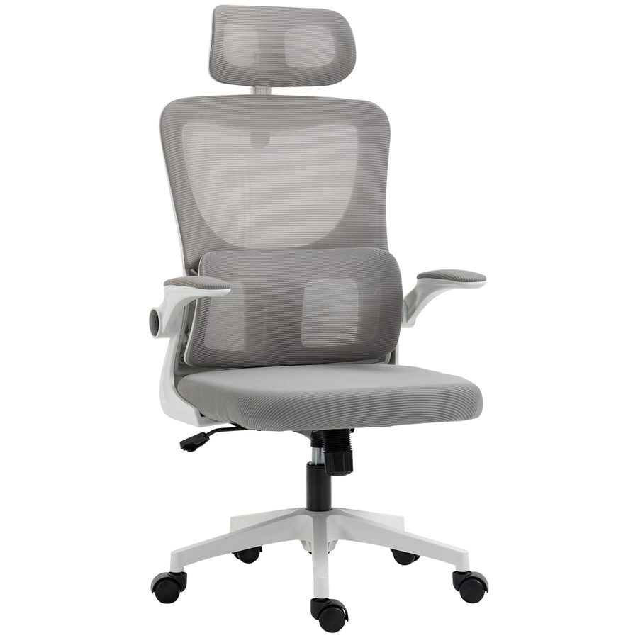 Vinsetto Bürostuhl ergonomisch höhenverstellbar Schreibtischstuhl mit Armlehnen, Kopfkissen, Wippfunktion und Lendenstütze, Mesh Grau für optimalen Komfort   Aosom.de von Vinsetto