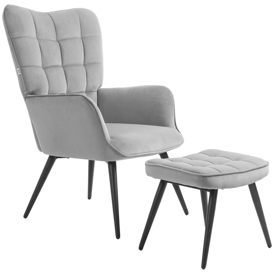 HOMCOM Ohrensessel mit Hocker, Loungesessel Relaxsessel Polstersessel Samtoptik Fernsehsessel Esszimmerstuhl bis 120 kg hellgrau   Aosom.de von HOMCOM