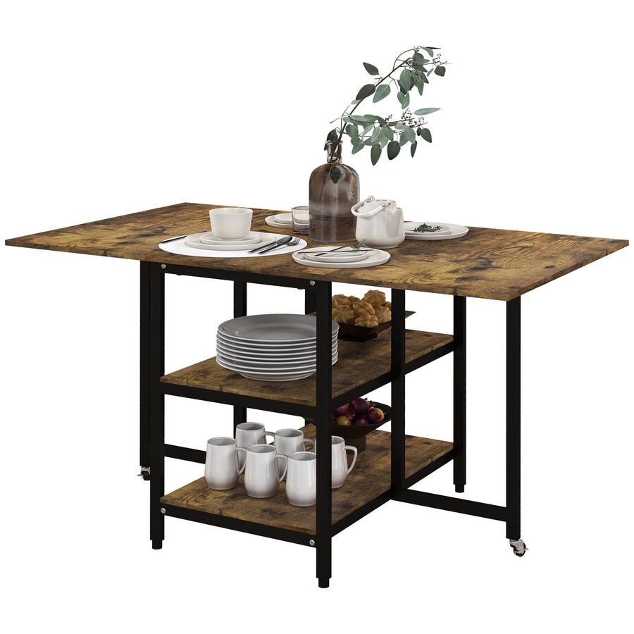 HOMCOM Klapptisch Esstisch Rollen 140x80cm 2-6 Personen 2 Ablagen Rustikal-Braun Stahl   Aosom von HOMCOM
