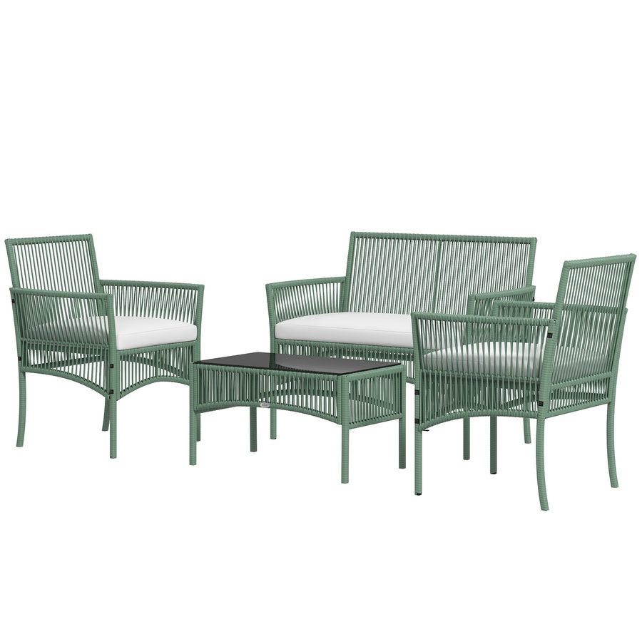 Outsunny Gartenmöbel-Set 4-teilig Sofa 2-Sitzer + 2 Sessel + 1 Couchtisch gehärtete Glasplatte schwarz 3 Sitzkissen - Metall und PE-Rattan - Grün   Aosom von Outsunny