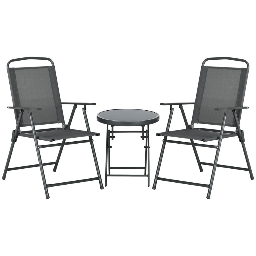Outsunny Bistro-Set 3-teilig aus Metall Wetterfest Gartenmöbel Set mit klappbar Glastisch Gartenstühlen Outdoor Balkonmöbel Set Sitzgruppe Balkonset Gartengarnitur Dunkelgrau   Aosom von Outsunny
