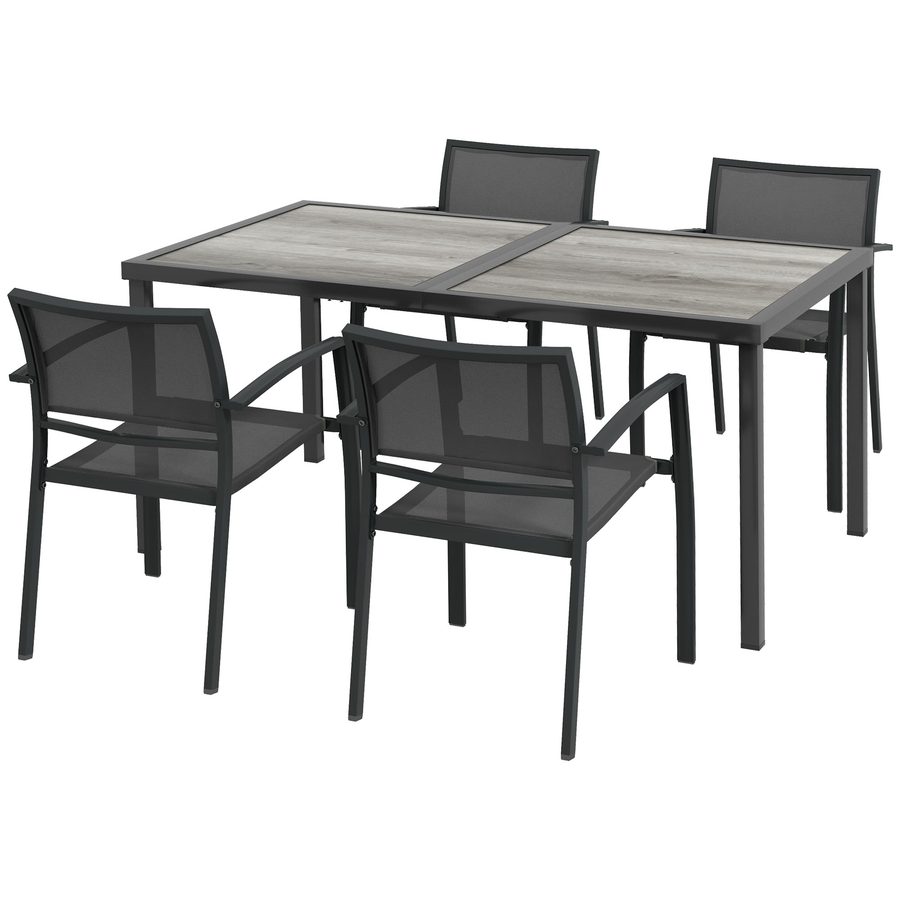 Outsunny 5 tlg Sitzgruppe Gartenmöbel Set mit 1 Esstisch und 4 stapelbaren Stühlen, Gartengarnitur für Terrasse, Mesh Dunkelgrau   Aosom.de von Outsunny