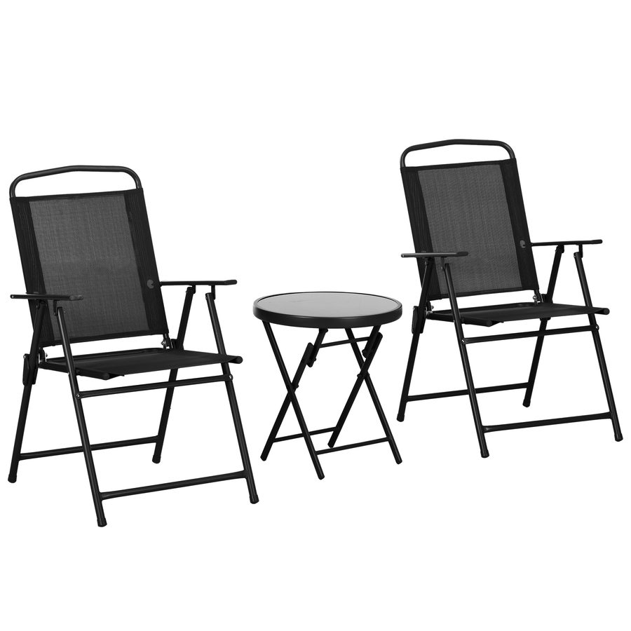 Outsunny Gartenbistro-Set 3-teilig Gartenmöbel-Set 2 klappbare Stühle mit Armlehnen + runder Beistelltisch gehärtetes Glas klappbar Epoxid-Metall atmungsaktives dichtes Netzgewebe   Aosom von Outsunny