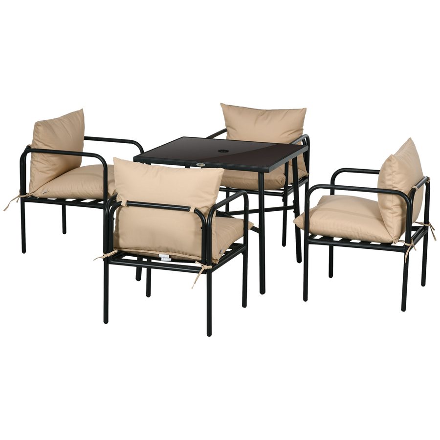 Outsunny Gartenmöbel-Set aus Stahl - 5 Stück mit 1 quadratischen Esstisch und 4 Stühlen mit 4 Kissen - gehärtete Glasplatte mit Sonnenschirmloch   Aosom von Outsunny