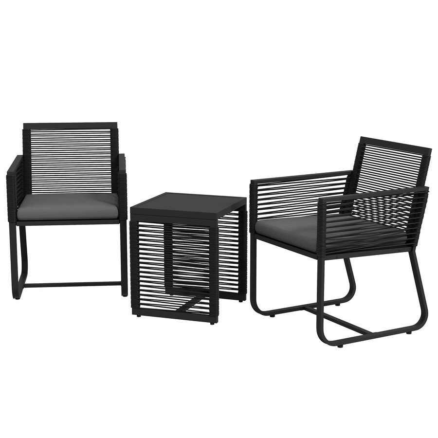 Outsunny 3-teiliges Rattan Gartenmöbel-Set elegante Sitzgruppe mit 2 Gartenstühlen & Beistelltisch aus Hartglas mit Kissen für Balkon Schwarz   Aosom.de von Outsunny