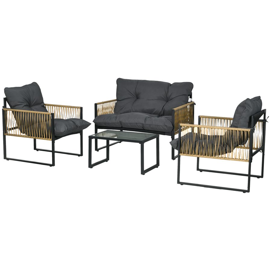 Outsunny 4-teiliges Gartenmöbelset, 2-Sitzer-Sofa, 2 Sessel und 1 Couchtisch mit gehärteter Glasplatte, 3 Kissen, Stahl und PE-Rattan - Grau   Aosom von Outsunny