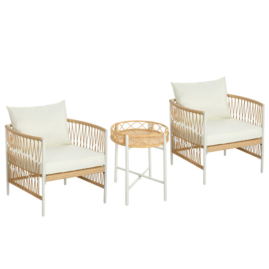 Outsunny 3er Set Rattan Gartenmöbel-Set mit 2 Gartenstühlen und Couchtisch, Balkonmöbel mit Kissen, für Balkon und Terrasse, Gelb und Creme   Aosom.de von Outsunny