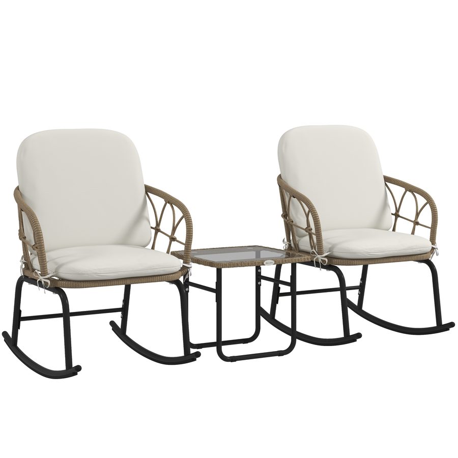 Outsunny 3-tlg. Rattan Schaukelstuhl-Set mit 2 Schaukelstühlen & 1 Couchtisch, Gartenmöbel-Set mit Kissen für Terrasse & Balkon   Aosom.de von Outsunny
