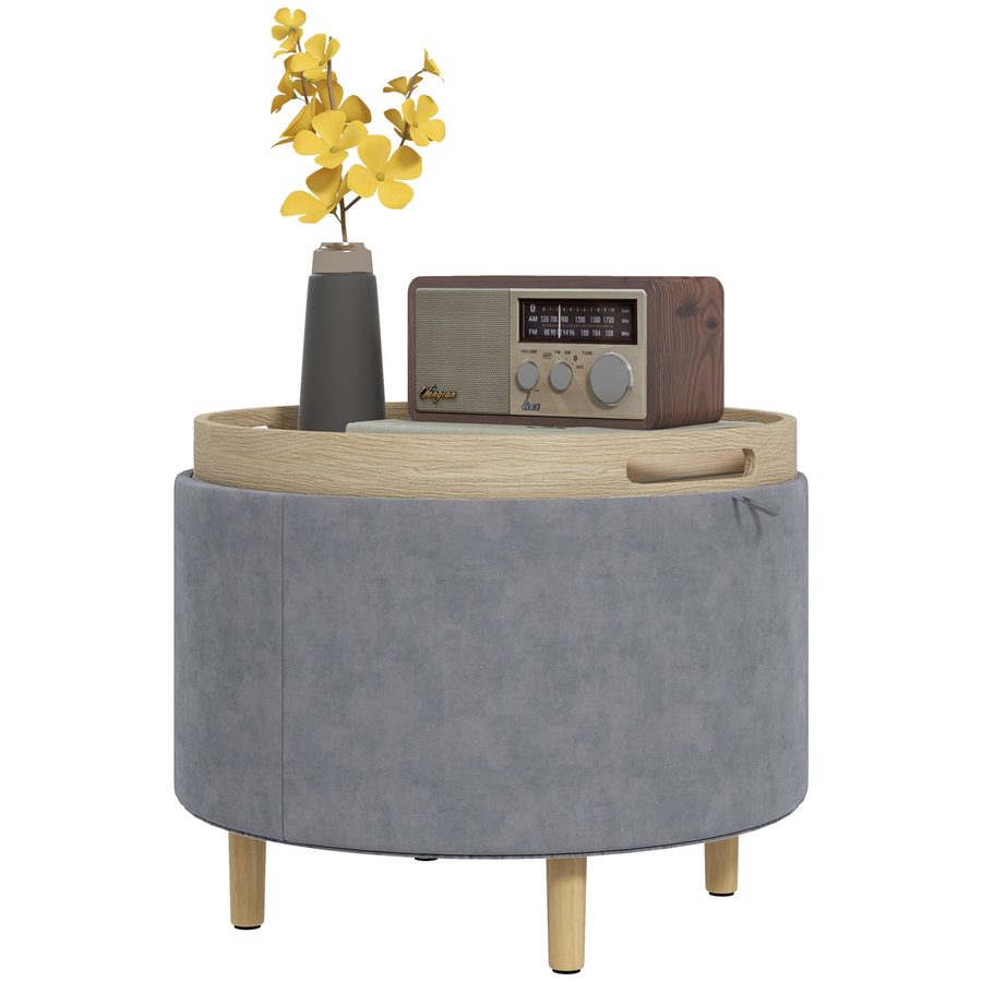HOMCOM Aufbewahrungshocker aus Samt mit 120 kg max mit Umklappbarem Tablett, Couchtisch aus MDF und Eiche mit Verstecktem Stauraum, 56x56x42 cm, Grau   Aosom von HOMCOM
