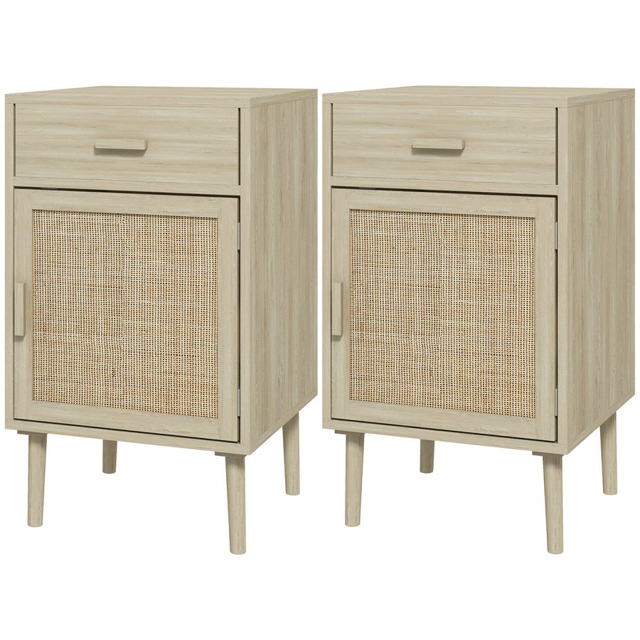 HOMCOM Set mit 2 Nachttischen für das Schlafzimmer mit Schublade und Tür im Boho-Rattan-Stil, Beistelltische in Naturholzoptik   Aosom von HOMCOM