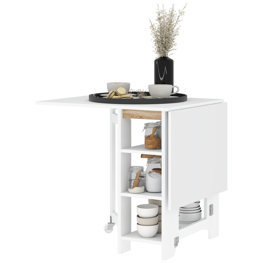 HOMCOM Klappbarer Esstisch, zusammenklappbarer Küchentisch, auf Rollen, mit 2 Klappen und 3 Regalen, modernes Design, Küchentisch für kleine Räume, 120 x 60 x 75 cm, weiß   Aosom von HOMCOM