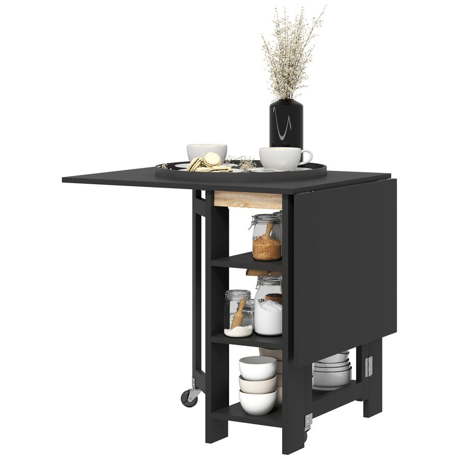 HOMCOM Klappbarer Esstisch, faltbarer Küchentisch, auf Rollen, mit 2 Klappen und 3 Regalen, modernes Design, Küchentisch für kleine Räume, 120 x 60 x 75 cm, Schwarz   Aosom von HOMCOM