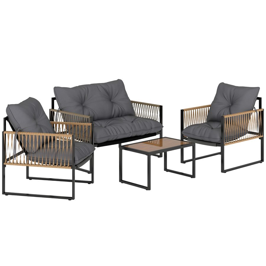 Outsunny 4 tlg Rattan Gartenmöbel Set mit Kissen, Gartensitzgruppe, 1 Couchtisch aus Glas, 2 Sessel, 1 Doppelsofa, elegante Sitzgarnitur   Aosom.de von Outsunny