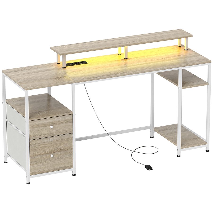 HOMCOM Computertisch mit einstellbarer LED-Beleuchtung, 155,5 x 48 cm, mit 2 Steckdosen, USB-Anschlüssen, Schubladen, Ablagen und Monitorhalter, Schreibtisch zum Lernen, Naturholzoptik   Aosom von HOMCOM