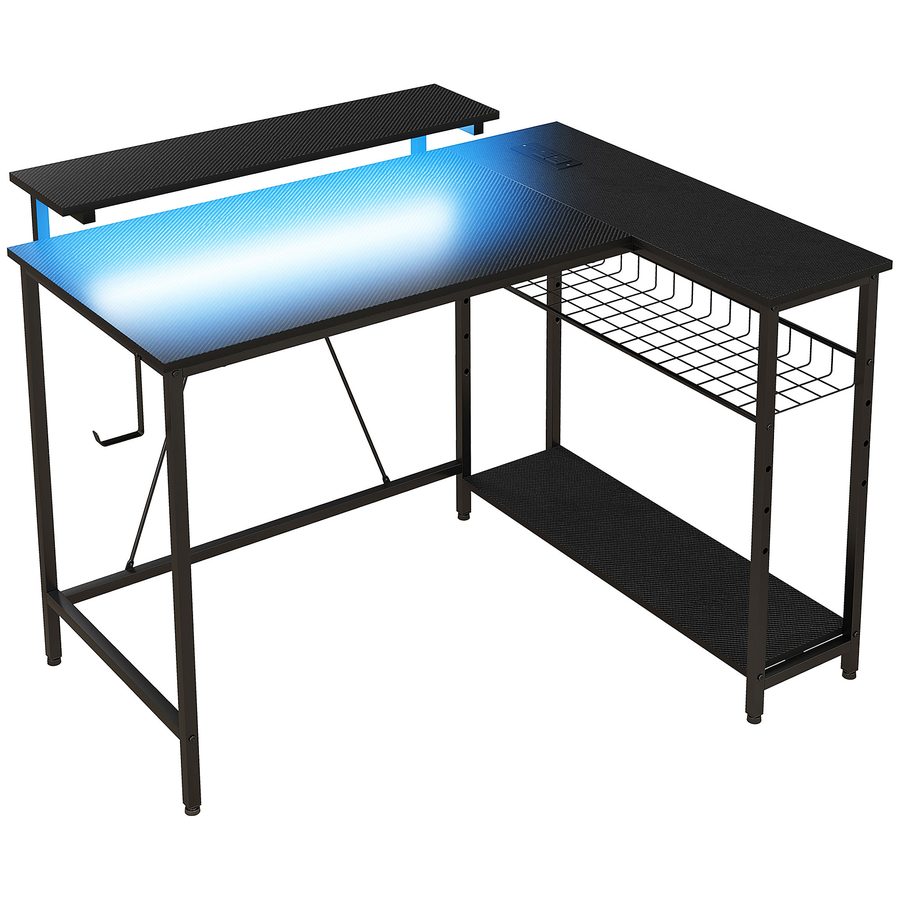 HOMCOM Schreibtisch L Form mit LED, Steckdosen, USB, Computertisch mit Regal Monitorständer & Haken Reversible Gaming Tisch Eckschreibtisch mit verstellbarem Korb für Büro, 107 x 80 x 90 cm, Schwarz   Aosom von HOMCOM