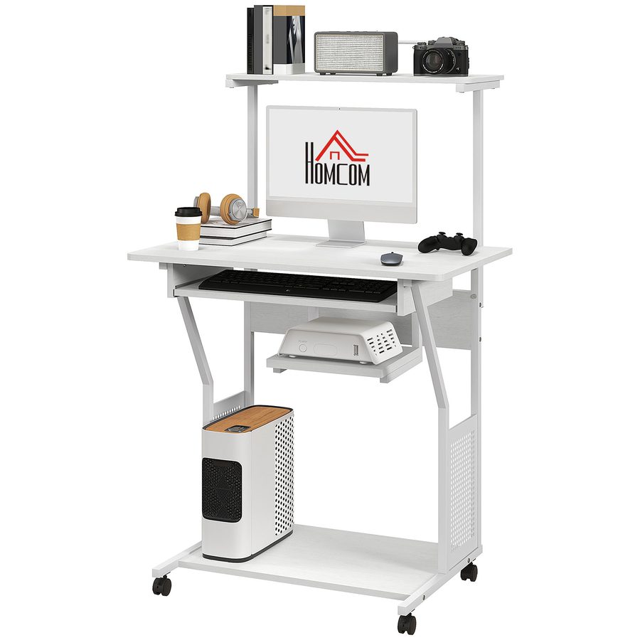 HOMCOM Computertisch, Rollender Schreibtisch mit Aufbewahrungsregalen, Arbeitsplatz und Tastaturablage, Computertisch auf Rollen, 80 x 50 x 130 cm, Weiß   Aosom von HOMCOM