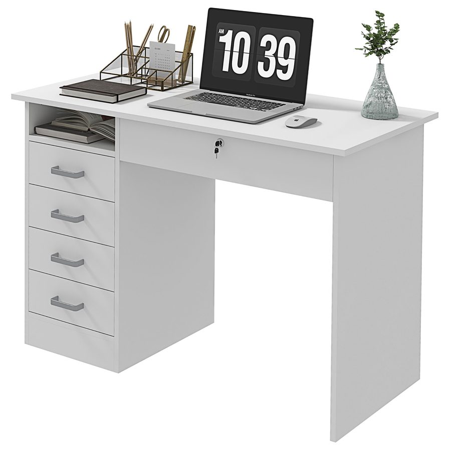 HOMCOM Moderne Computertisch Schreibtisch mit 5 Schubladen, großer Tischplatte, 1 offenes Fach, abschließbare Schublade, 110 x 50 x 76 cm, Weiß   Aosom