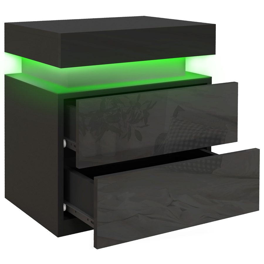 HOMCOM Nachttisch, Nachttisch, mit RGB-LED-Licht, hochglänzende Schubladenfront, Beistelltisch mit 2 Schubladen, für Wohnzimmer, Schlafzimmer, Schwarz   Aosom von HOMCOM