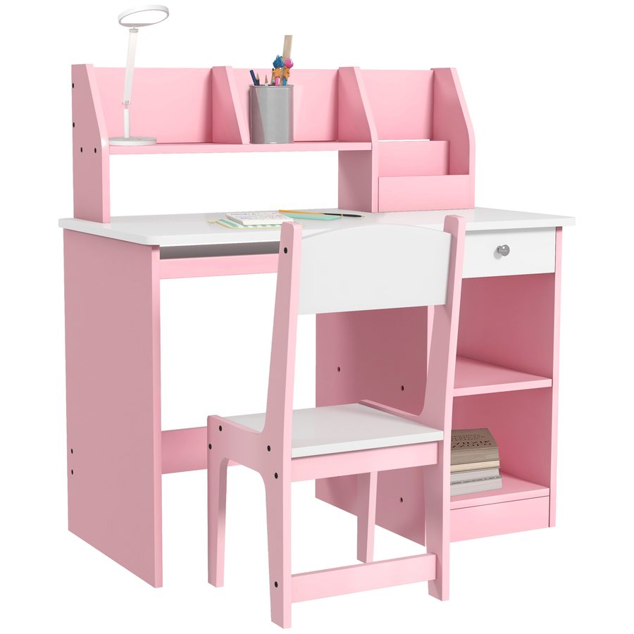 ZONEKIZ Kinderschreibtisch mit ergonomischem Stuhl, Kinder-Schreibtisch-Set mit 2 Schubladen, offenen Regalen und Nischen, Tisch zum Lernen, Arbeiten und Schreiben, 90 x 45 x 90 cm, Rosa   Aosom von ZONEKIZ