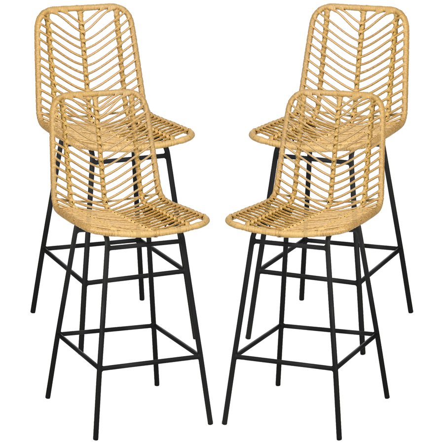 HOMCOM Set mit 4 Barhockern, Sitzhöhe 66 cm, Geflecht-Rückenlehne und Fußstütze, Stahlgestell, Boho-Design, Hohe Küchenstühle, Esszimmer, Tresen, Gelb   Aosom von HOMCOM