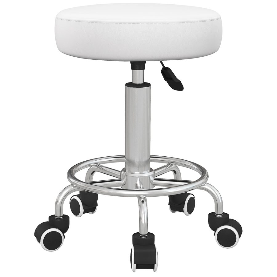 Vinsetto Rollhocker Höhenverstellbarer Arbeitshocker mit Fußring, Drehbarer Salon Hocker Drehhocker mit Rädern Kunstleder Weiß Ø42 x 50-64 cm   Aosom von Vinsetto