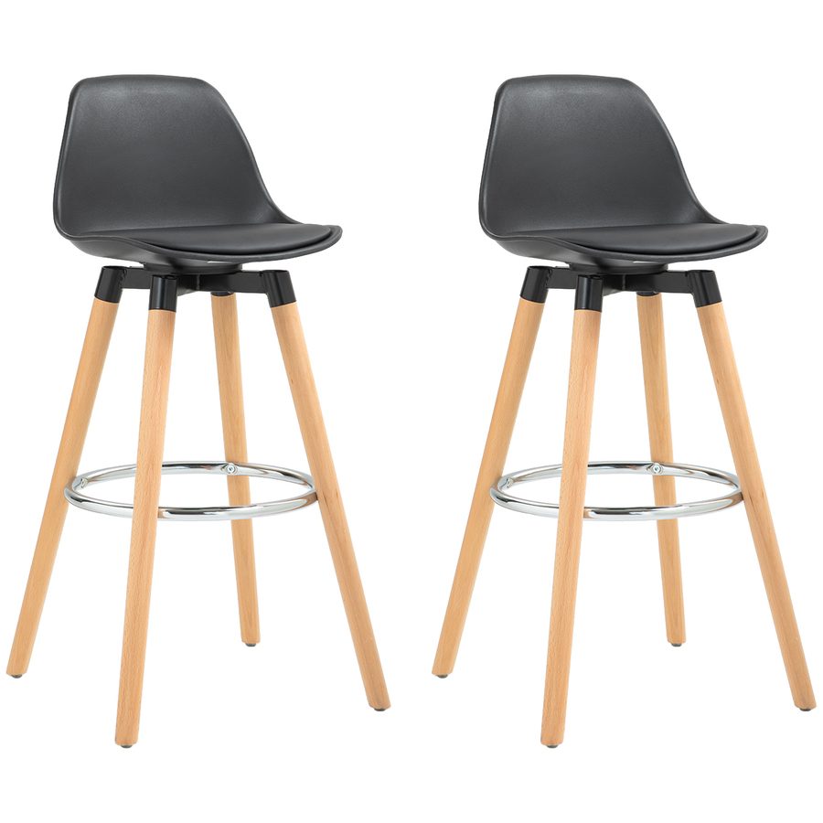 HOMCOM Barhocker 2er Set, Gepolstert Barstuhl mit Holzbeine und Rückenlehne, Küchenstühle mit Fußstütze aus Stahl, Tresenhocker für Küche, Wohnzimmer, Esszimmer, Kunstleder, Schwarz   Aosom von HOMCOM