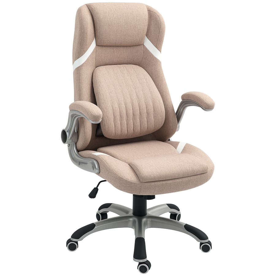 Vinsetto Bürostuhl Ergonomisch mit Klappbaren Armlehnen und Kopfstütze, Drehbarer Schreibtischstuhl mit Verstellbarer Lordosenstütze, Höhenverstellbar und Wippfunktion in Leinenstoff für Büro, Hellbraun   Aosom von Vinsetto